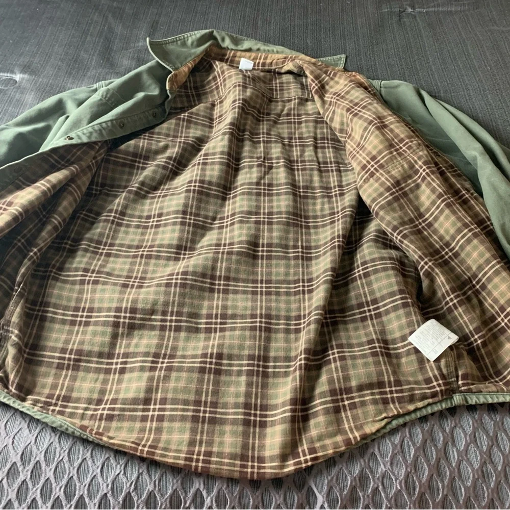Vintage Carhartt Barn Jacket Khaki Green Cotton Canvas Flannel Lined Shacket - Picture 8 of 13